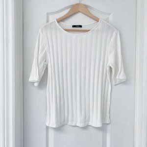 Mango Women's White Ribbed Short Sleeve Tee